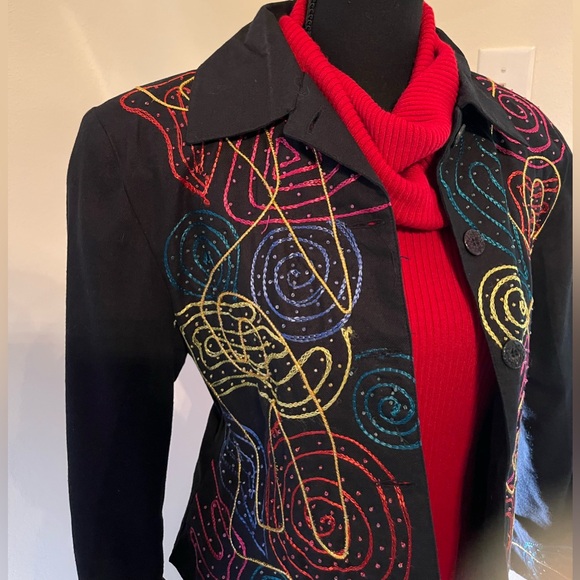 Ladies M Festive Colorful Waist Jacket. Detailing on front & cuff. 100% Cotton. - Picture 3 of 16